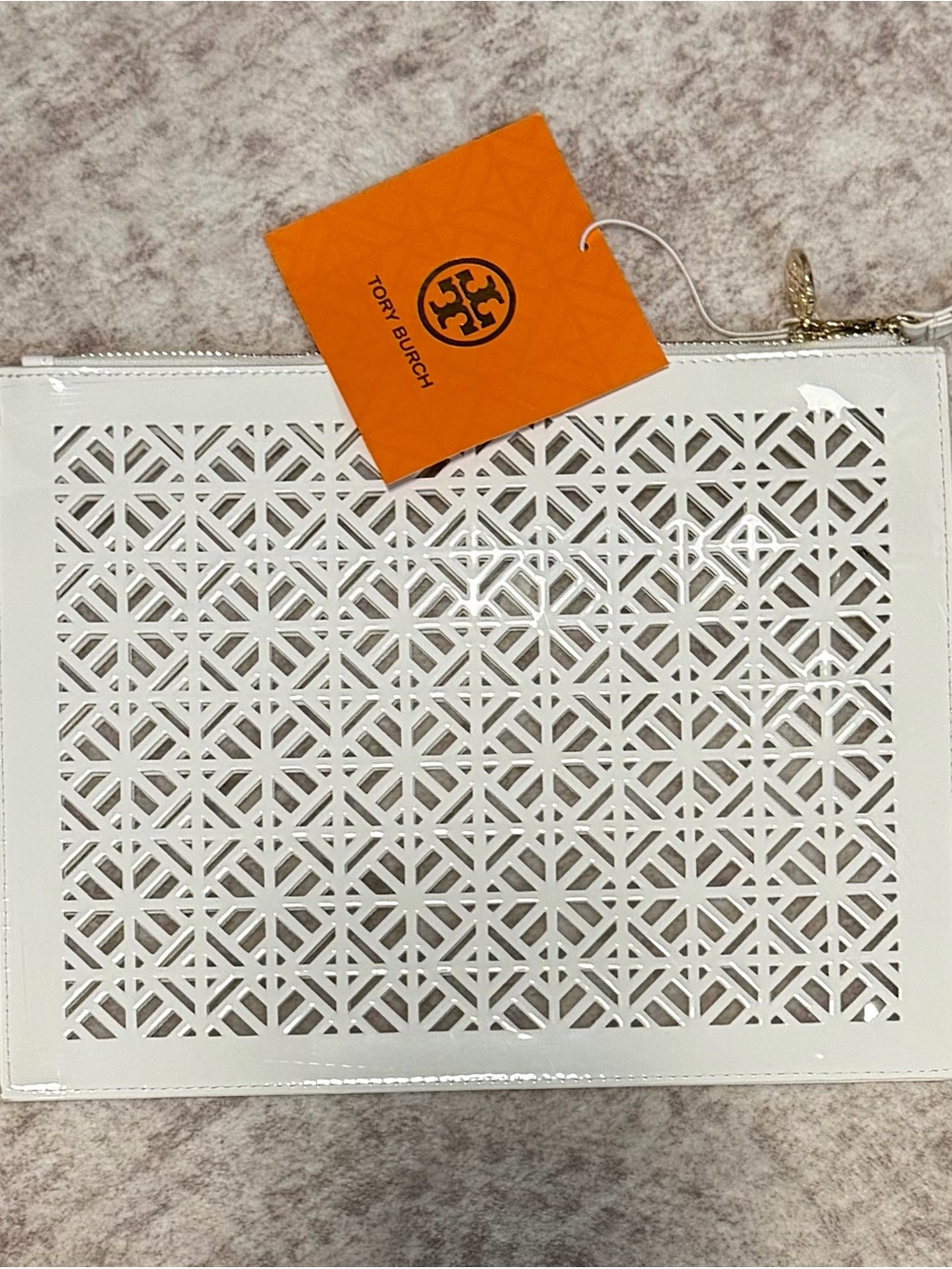 Tory Burch White Laser-Cut Leather Wristlet Clutch